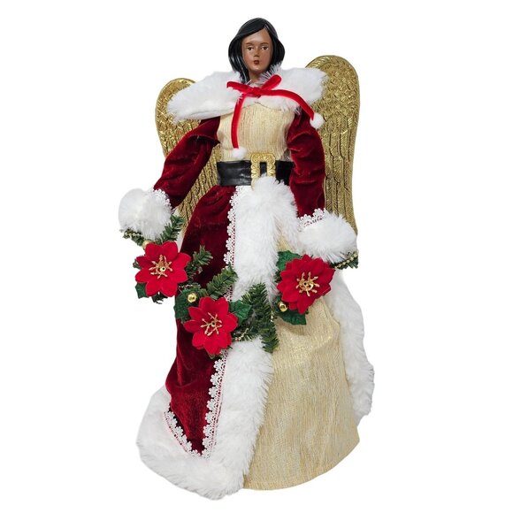 Ethnic Red and Gold Poinsettia Angel Christmas 16" Tree Topper, Holiday Party De - Picture 6 of 6
